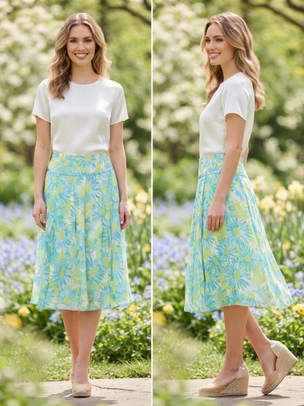 Bob Mackie Studio Blue Green Floral Daisy Silk Pleated Midi Skirt - Size 10